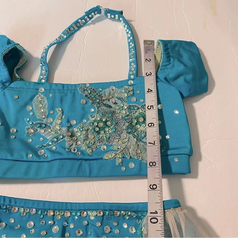 Solo custom dance costume 2 piece teal lyrical  rhinestoned embroidered MC child
